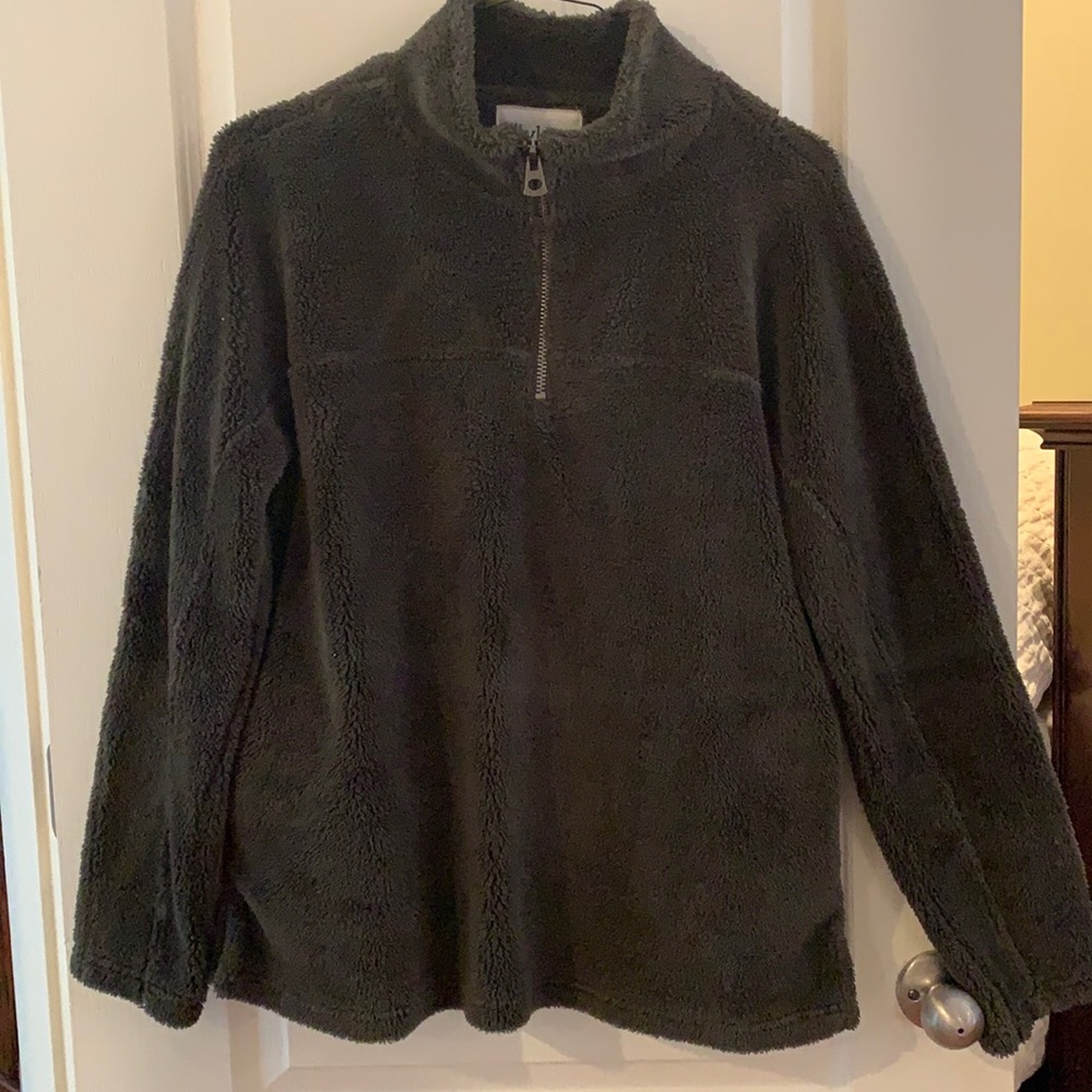 Dylan brown quarter-zip Sherpa pullover.